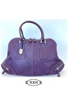TOD’S Dark Purple Pebbled Leather Stitched Side Pockets Handbag Shoulder Bag